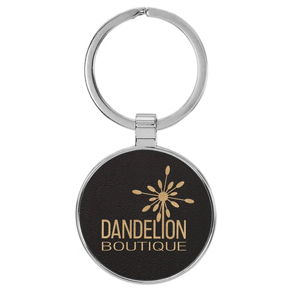 Black/Gold 1 1/2" Laserable Leatherette/Metal Round Keychain