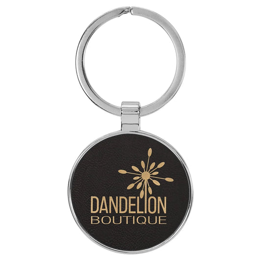 Black/Gold 1 1/2" Laserable Leatherette/Metal Round Keychain