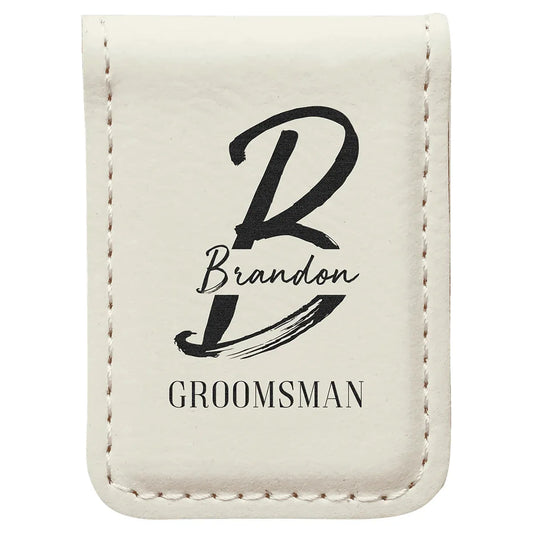 White 1 3/4" x 2 1/2" Laserable Leatherette Money Clip