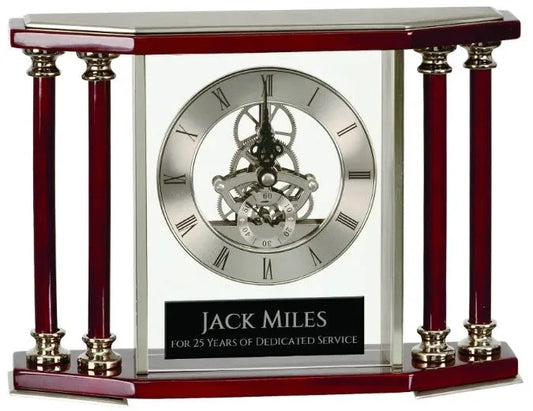 Silver 7 1/4" Executive 4-Pillar & Rosewood Piano Finish Clock