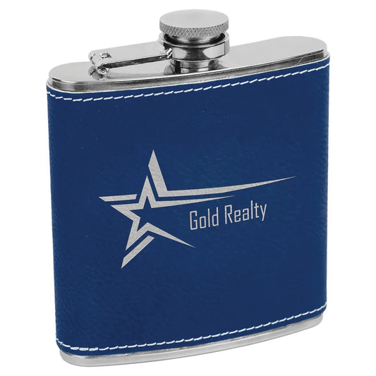 Blue/Silver Laserable Leatherette Stainless Steel 6 oz. Flask