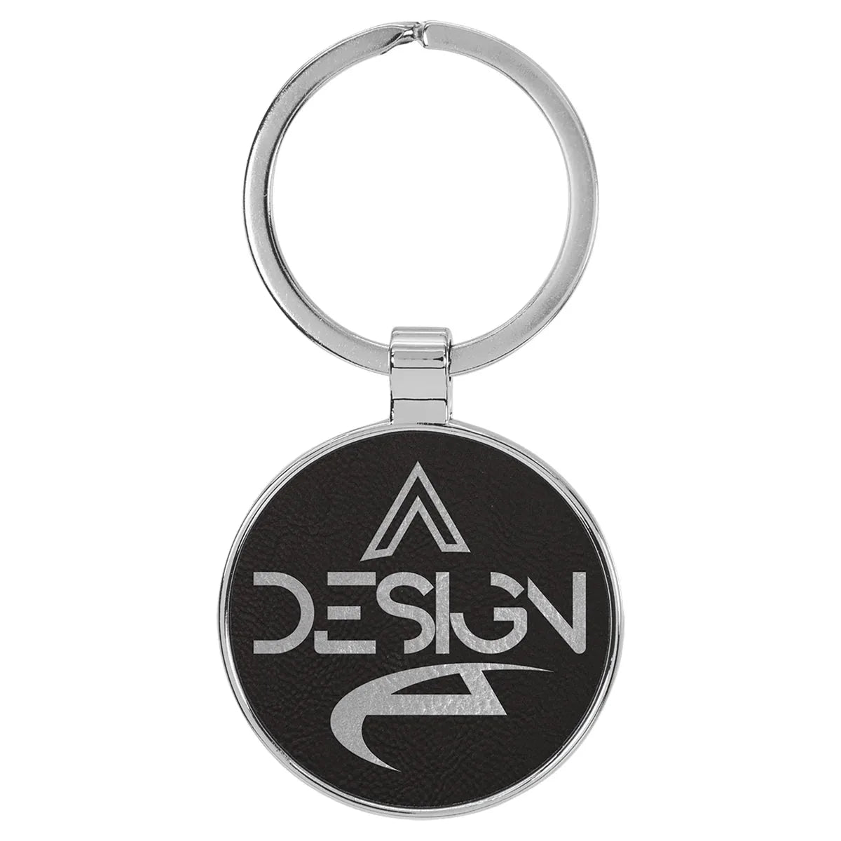 Black/Silver 1 1/2" Laserable Leatherette/Metal Round Keychain