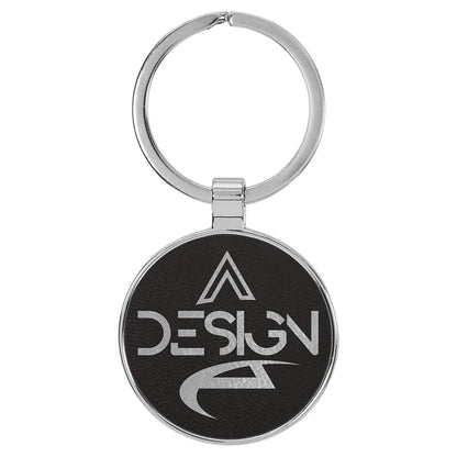 Black/Silver 1 1/2" Laserable Leatherette/Metal Round Keychain