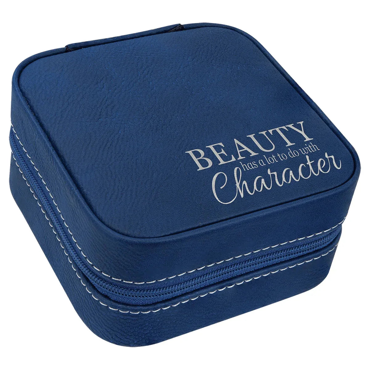 Blue/Silver Laserable Leatherette Travel Jewelry Box with Black 4" X 4" Lining