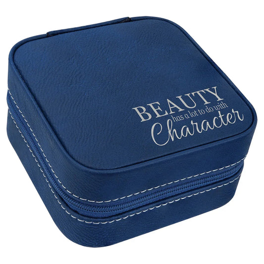 Blue/Silver Laserable Leatherette Travel Jewelry Box with Black 4" X 4" Lining