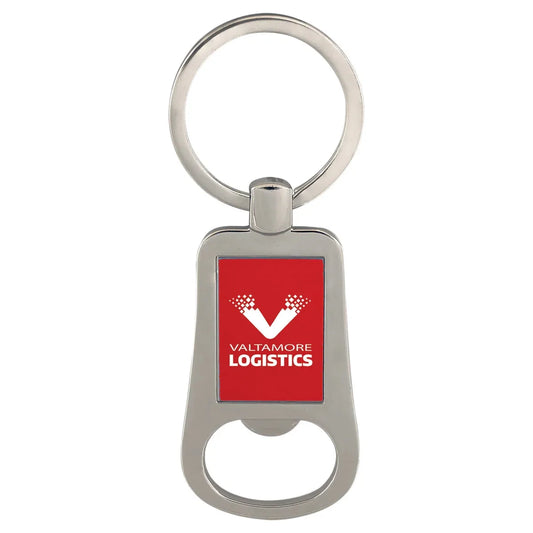 Silver/Red 2 1/8" Laserable Bottle Opener Keychain