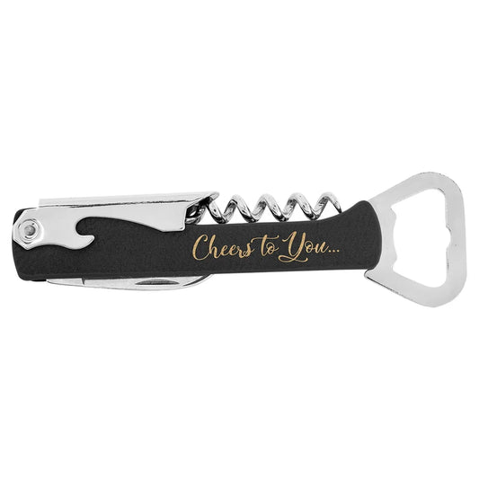 Black/Gold Laserable Leatherette Wine Bottle Opener