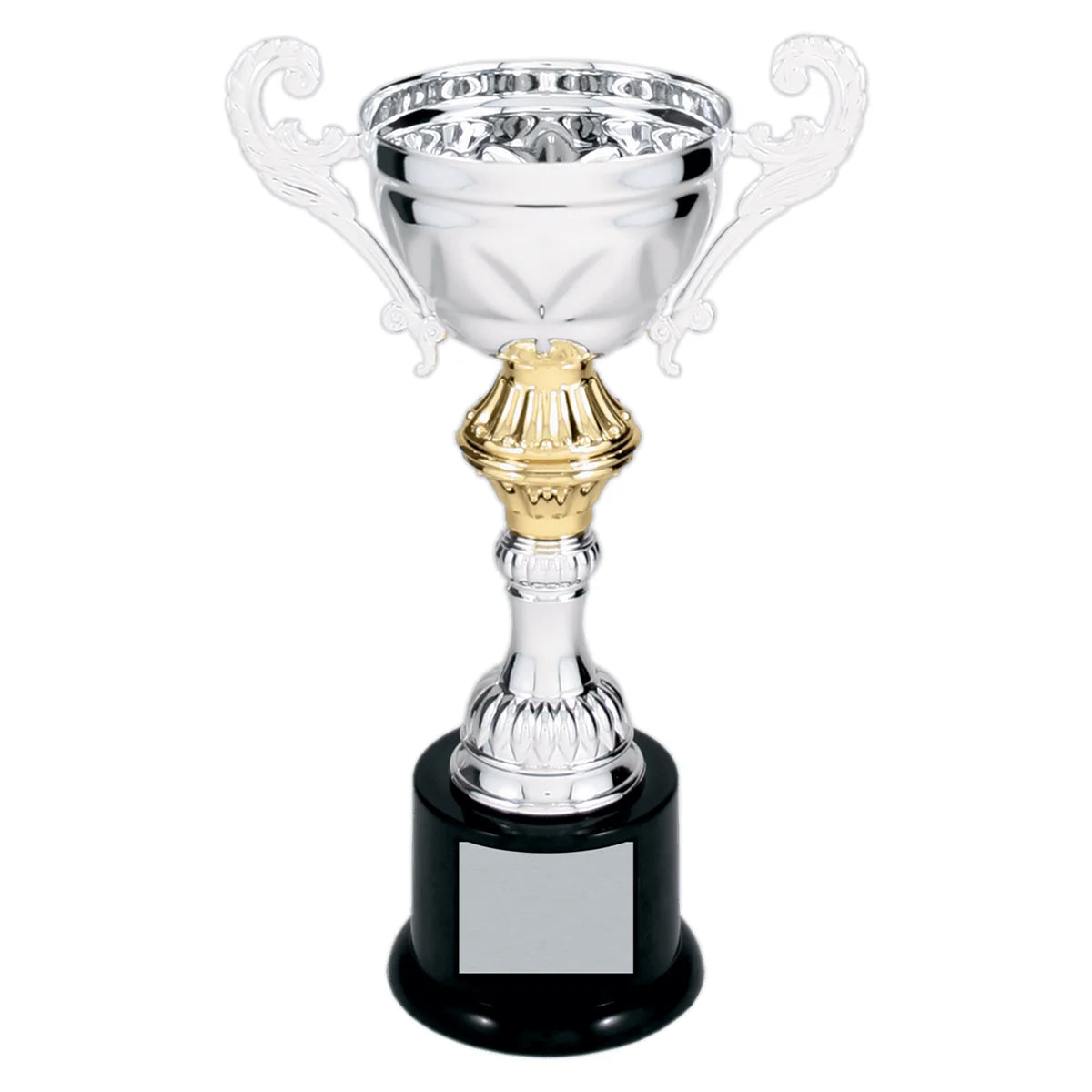 Silver 8 3/4" Completed Metal Cup Trophy on Plastic Base