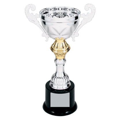 Silver 8 3/4" Completed Metal Cup Trophy on Plastic Base