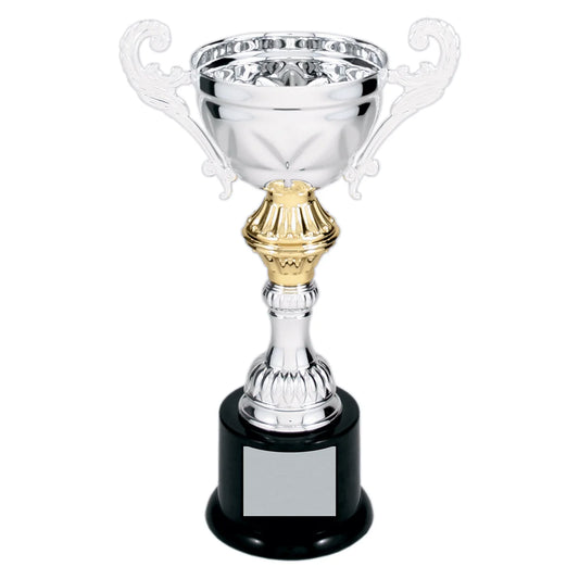Silver 8 3/4" Completed Metal Cup Trophy on Plastic Base