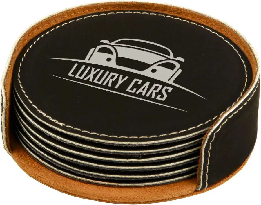 Black/Silver 4" Round Laserable Leatherette 6-Coaster Set