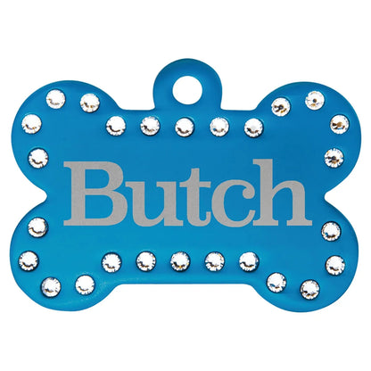 Blue 1 1/2" x 1" Laserable Anodized Aluminum Swarovski Bling Bone with Tab