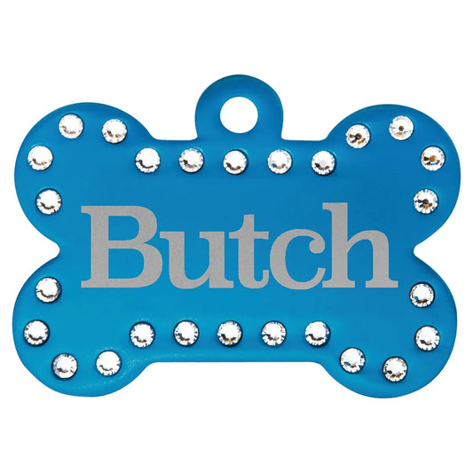 Blue 1 1/2" x 1" Laserable Anodized Aluminum Swarovski Bling Bone with Tab