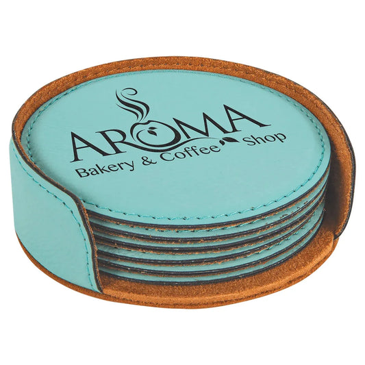 Teal 4" Round Laserable Leatherette 6-Coaster Set