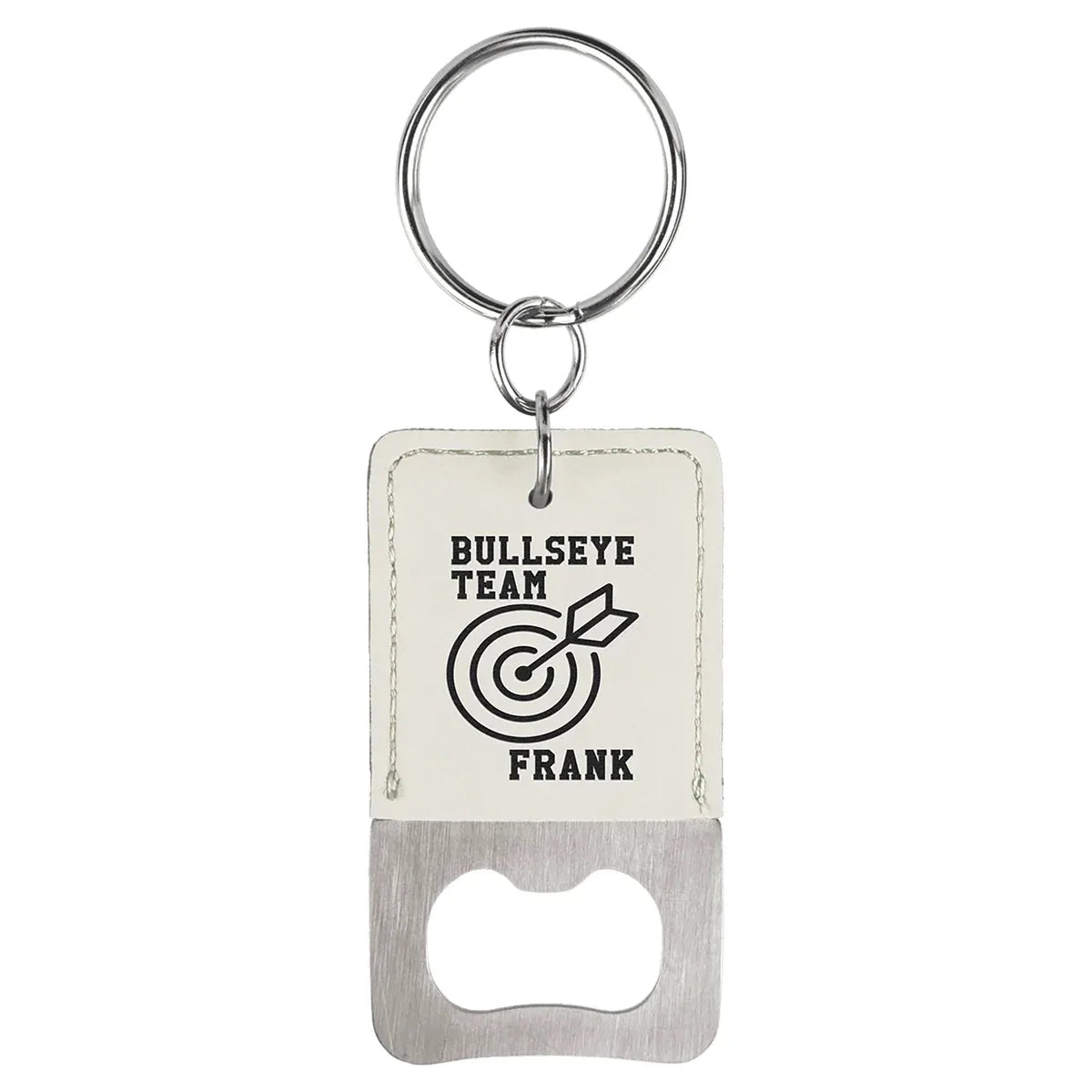 White Rectangle Laserable Leatherette Bottle Opener Keychain