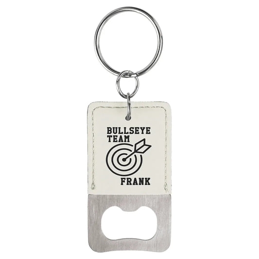 White Rectangle Laserable Leatherette Bottle Opener Keychain