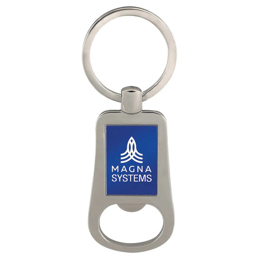 Silver/Blue 2 1/8" Laserable Bottle Opener Keychain