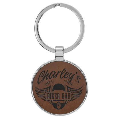 Dark Brown 1 1/2" Laserable Leatherette/Metal Round Keychain