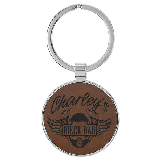 Dark Brown 1 1/2" Laserable Leatherette/Metal Round Keychain