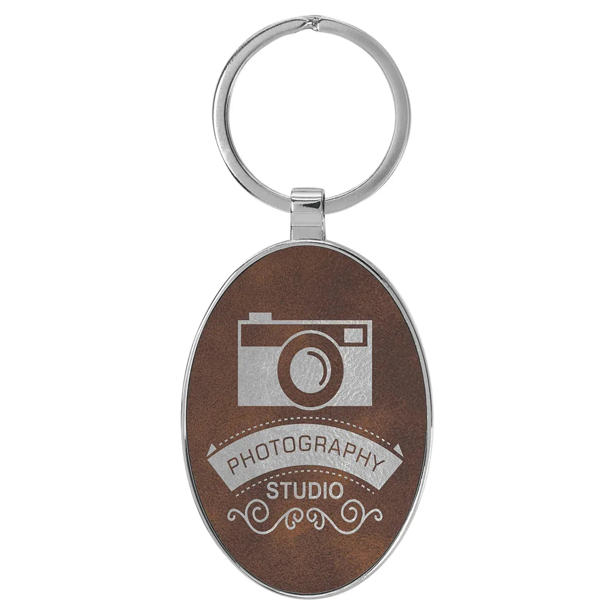 Rustic/Silver 3" x 1 3/4" Laserable Leatherette/Metal Oval Keychain