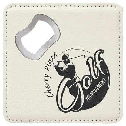 White 4" x 4" Square Laserable Leatherette Coaster with Bottle Opener