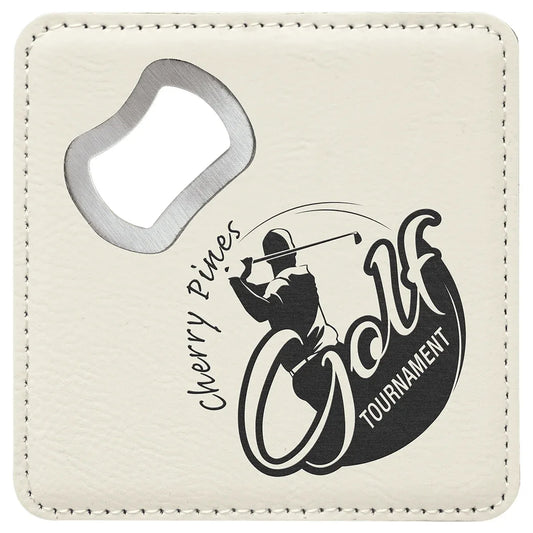 White 4" x 4" Square Laserable Leatherette Coaster with Bottle Opener