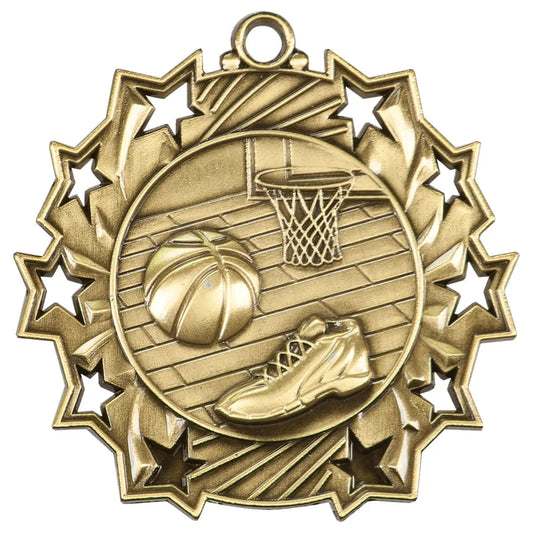 Antique Gold 2 1/4" Basketball Ten Star Medal