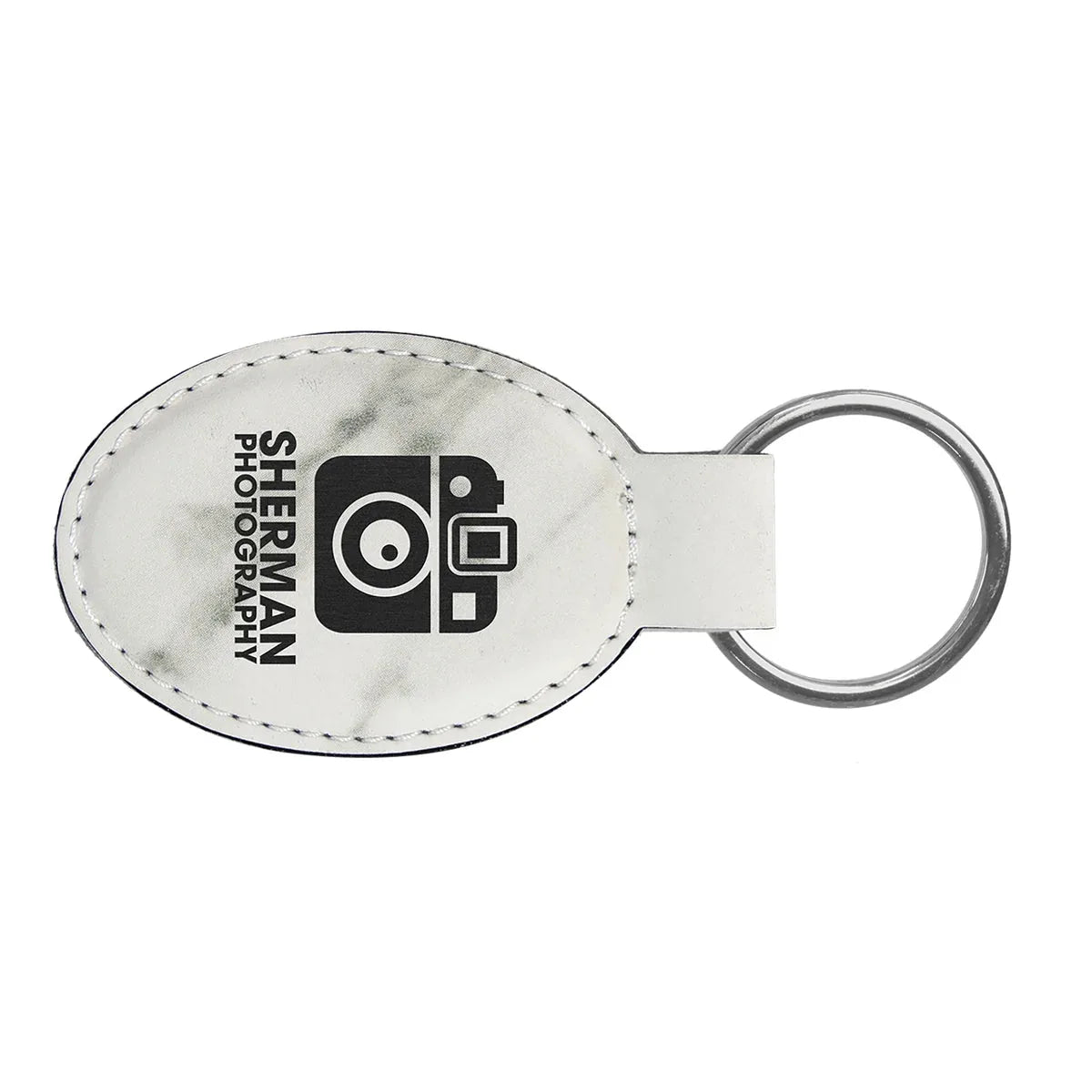 White Marble 3" x 1 3/4" Laserable Leatherette Oval Keychain