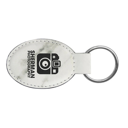 White Marble 3" x 1 3/4" Laserable Leatherette Oval Keychain