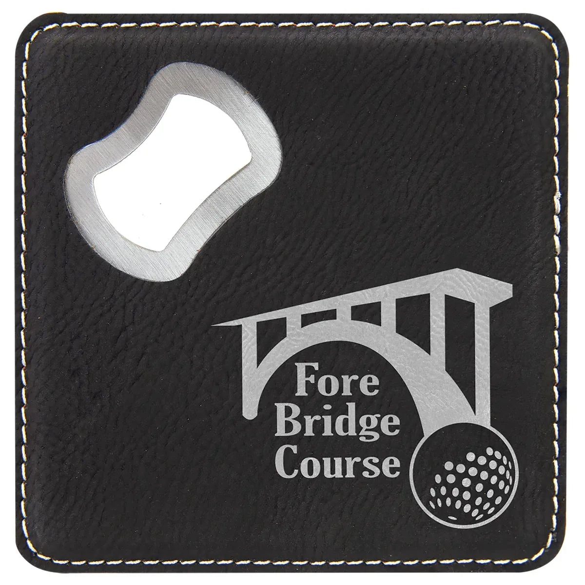 Black/Silver 4" x 4" Square Laserable Leatherette Coaster with Bottle Opener