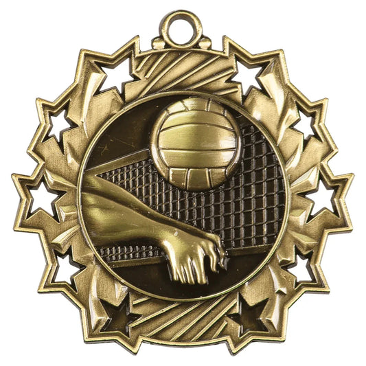 Antique Gold 2 1/4" Volleyball Ten Star Medal
