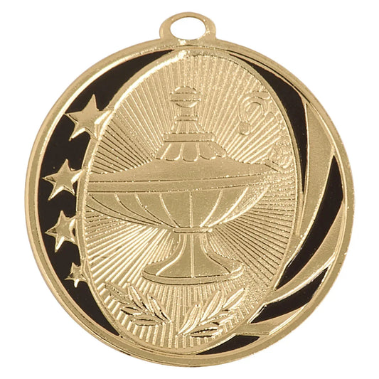 Bright Gold 2" Lamp of Knowledge Laserable MidNite Star Medal
