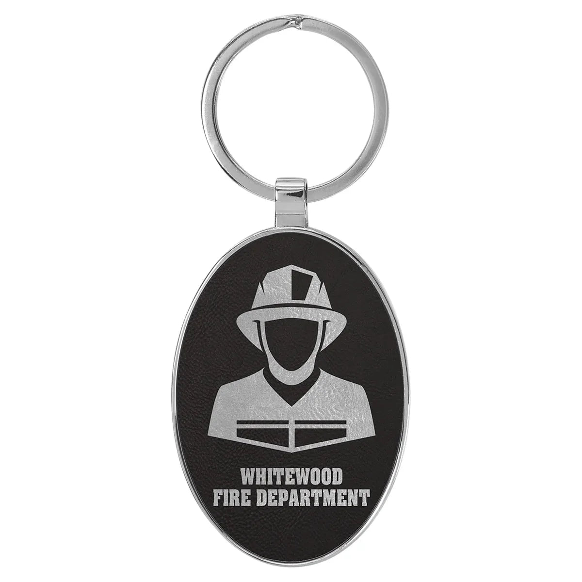 Black/Silver 3" x 1 3/4" Laserable Leatherette/Metal Oval Keychain
