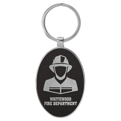 Black/Silver 3" x 1 3/4" Laserable Leatherette/Metal Oval Keychain