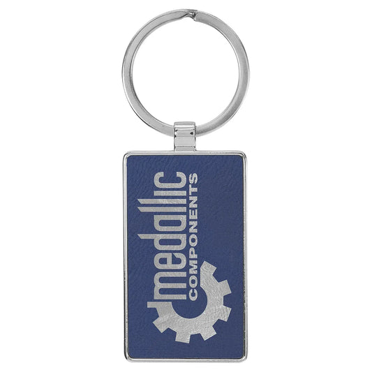 Blue/Silver 2 3/4" x 1 1/4" Laserable Leatherette/Metal Rectangle Keychain