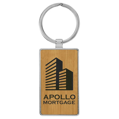 Bamboo 2 3/4" x 1 1/4" Laserable Leatherette/Metal Rectangle Keychain
