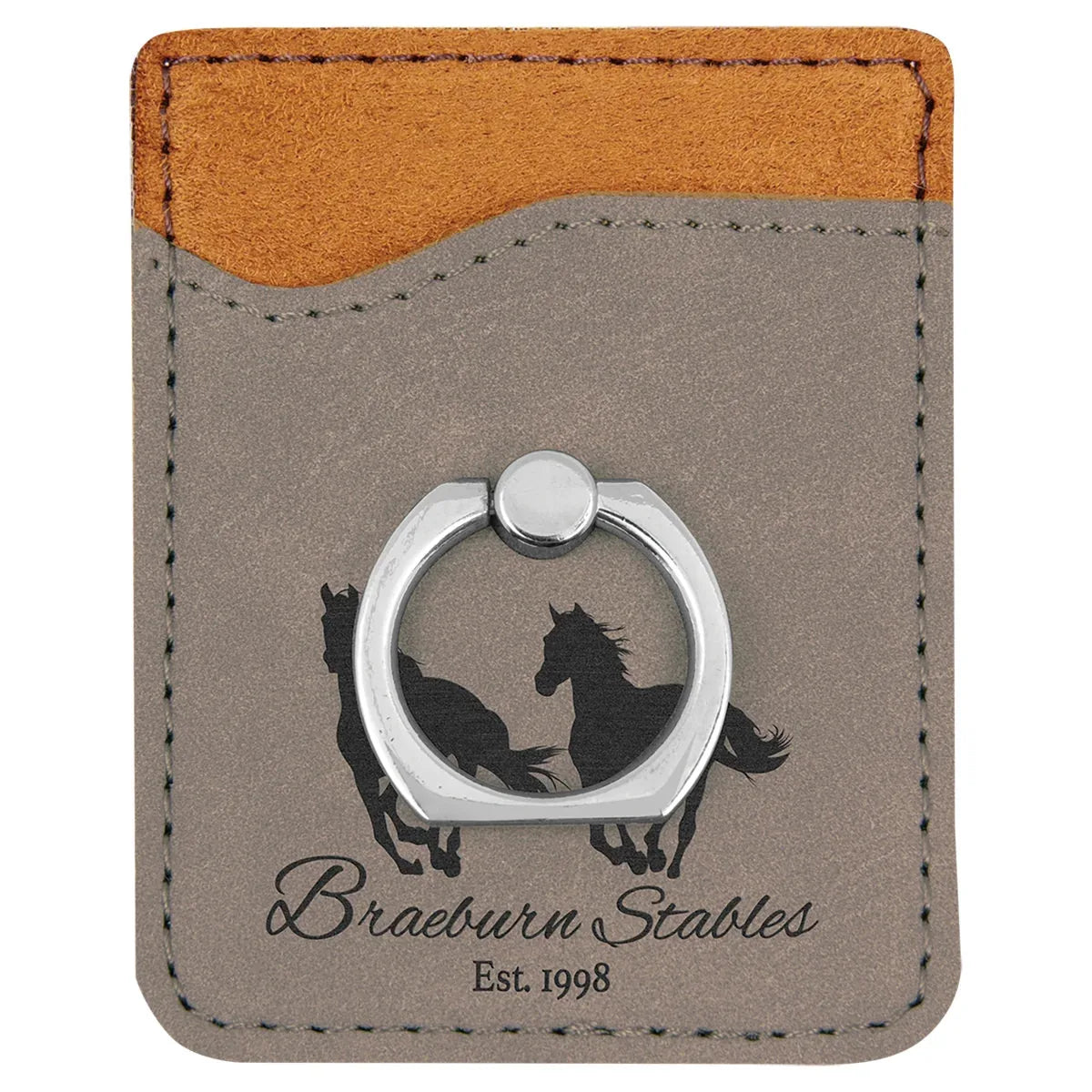 Gray Laserable Leatherette Phone Wallet with Silver Phone Wallet with Silver Ring