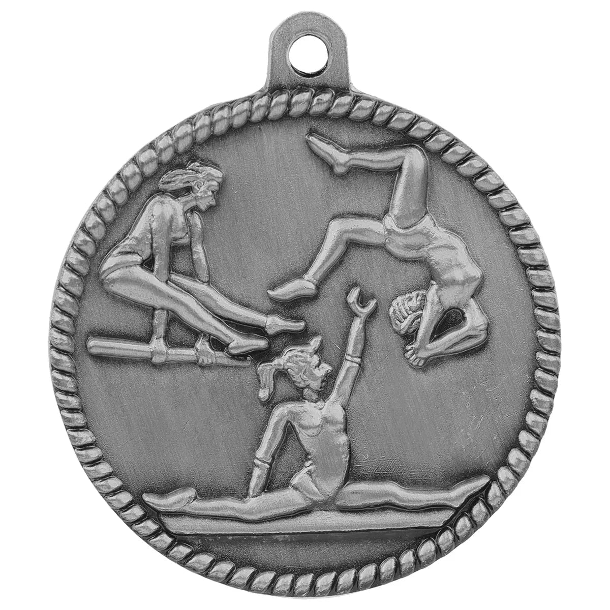Antique Silver 2" Female Gymnastics High Relief Medal