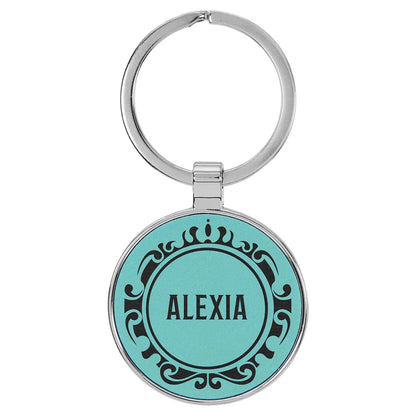 Teal 1 1/2" Laserable Leatherette/Metal Round Keychain