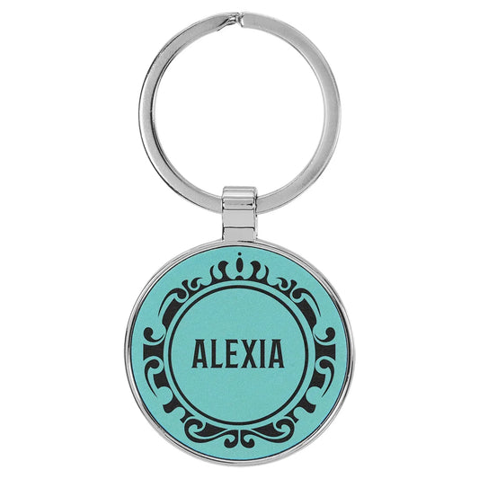 Teal 1 1/2" Laserable Leatherette/Metal Round Keychain