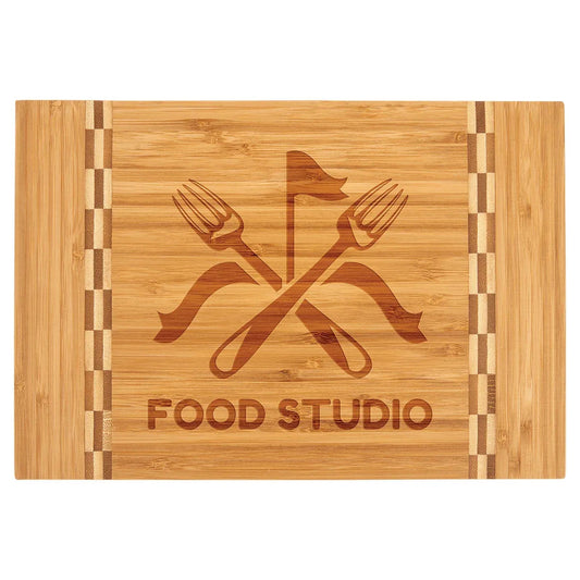 Custom Bamboo Cutting Board with Butcher Block Inlay (12" x 8 1/4") — Laser Engraved | Personalized Gift