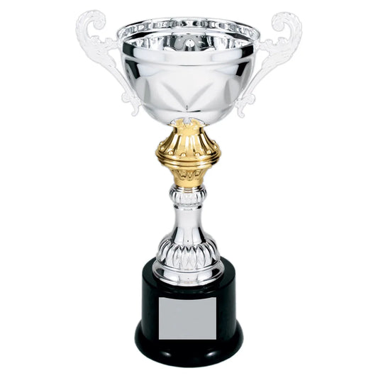 Silver 10" Completed Metal Cup Trophy on Plastic Base