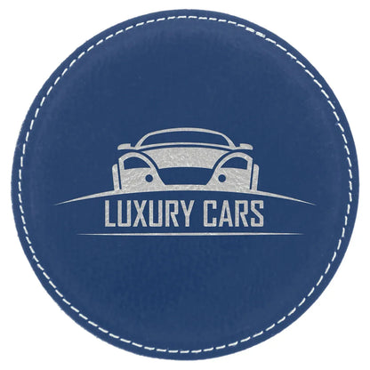 Blue/Silver 4" Round Laserable Leatherette Coaster
