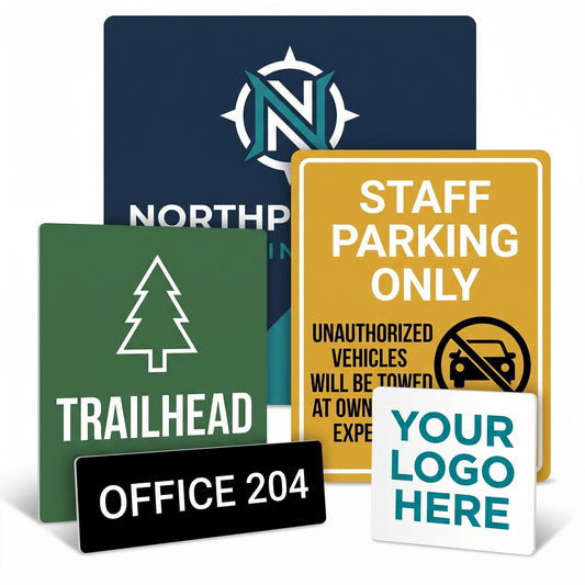 Custom PVC sign display showing five personalized signs of different sizes and colors standing together on a white background