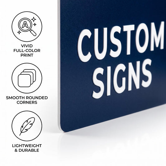 Close-up of a custom PVC sign corner with icons highlighting vivid full-color printing, smooth rounded corners, and lightweight durable material