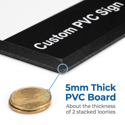 Macro photo of a custom PVC sign edge showing 5mm board thickness compared to two stacked Canadian dollar coins for scale