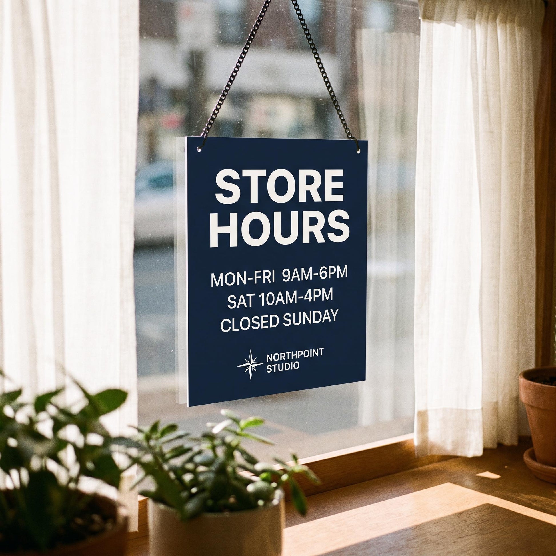 Navy custom PVC store hours sign hanging in a sunlit shop window surrounded by potted plants