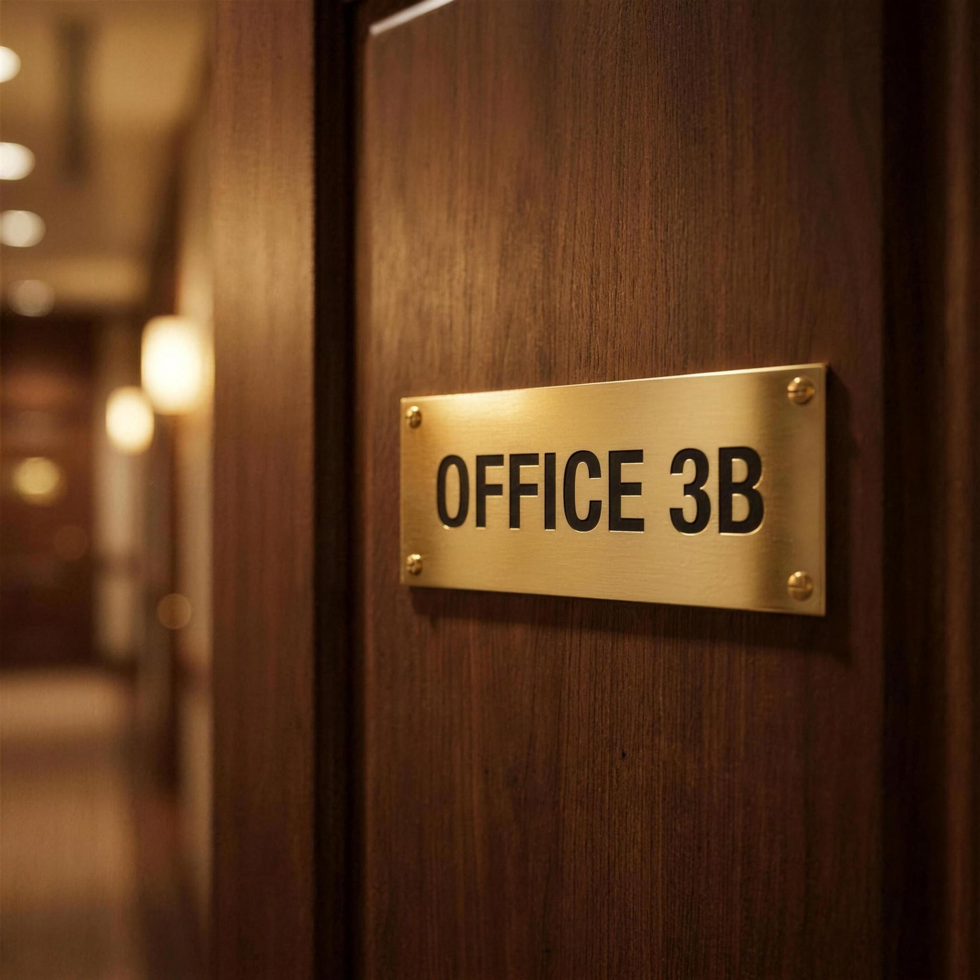Brass office nameplate reading Office 3B mounted on dark wood door in warm hallway lighting