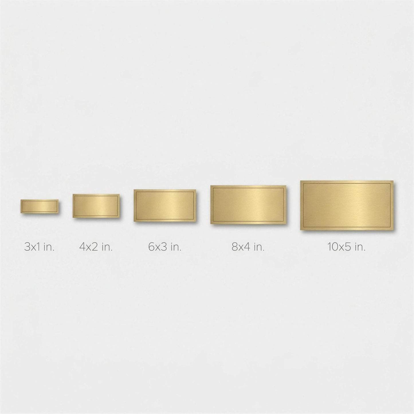 Size comparison chart of five brass nameplates from 3x1 inches to 10x5 inches on gray background