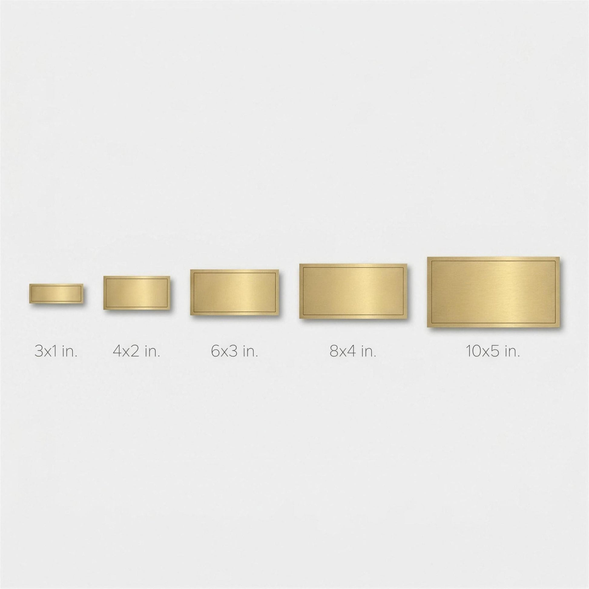 Size comparison chart of five brass nameplates from 3x1 inches to 10x5 inches on gray background